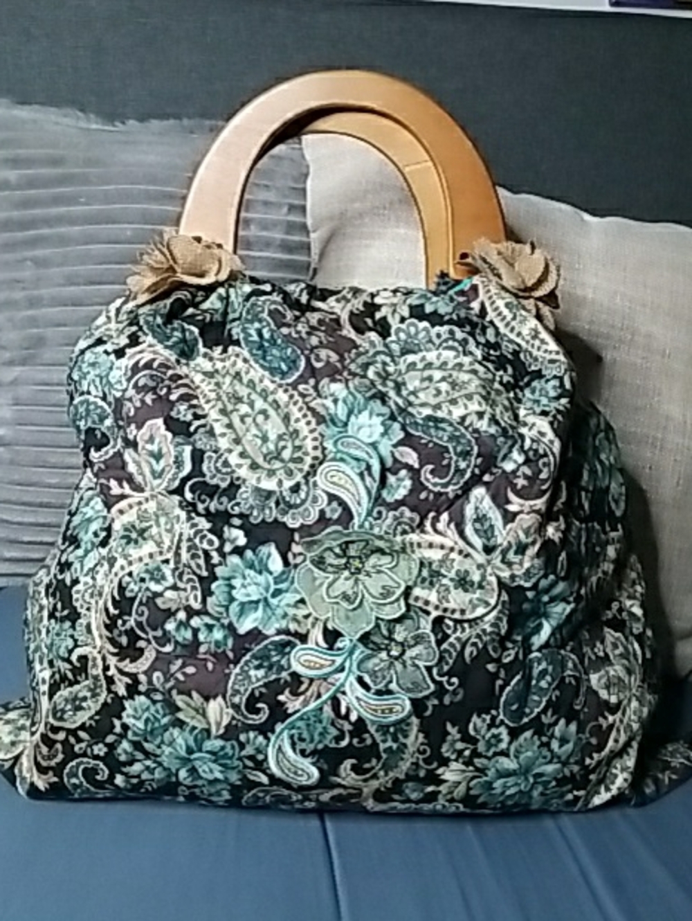 Vintage Quilted Floral Paisley Tote Bag with Wood Handles - Teal/Black
